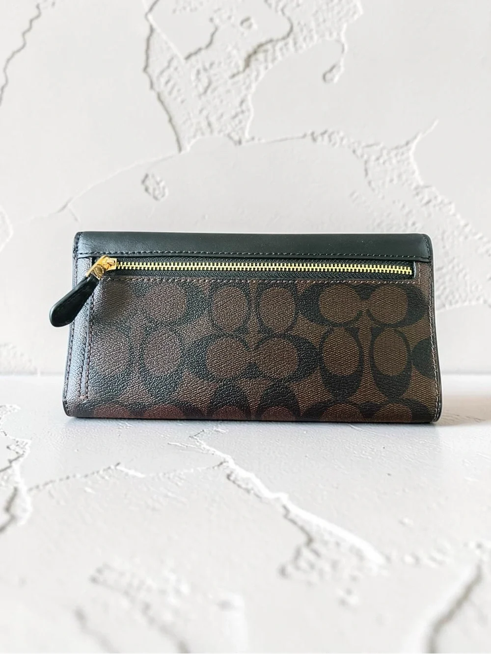 COACH Signature Trim Trifold Wallet | Espresso Brown & Black Leather | MSRP $250